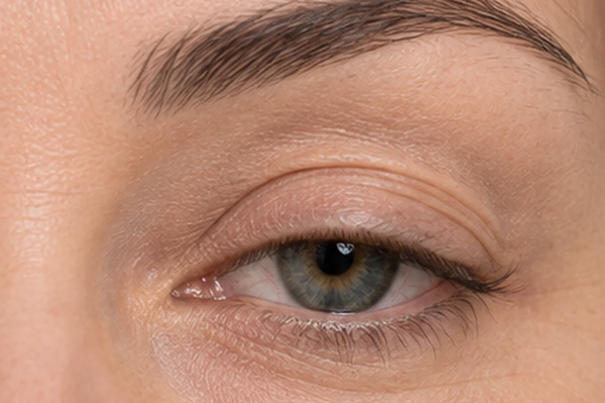 Nahaufnahme eines Auges mit leicht abgesunkenem Oberlid als Symbolbild einer Ptosis