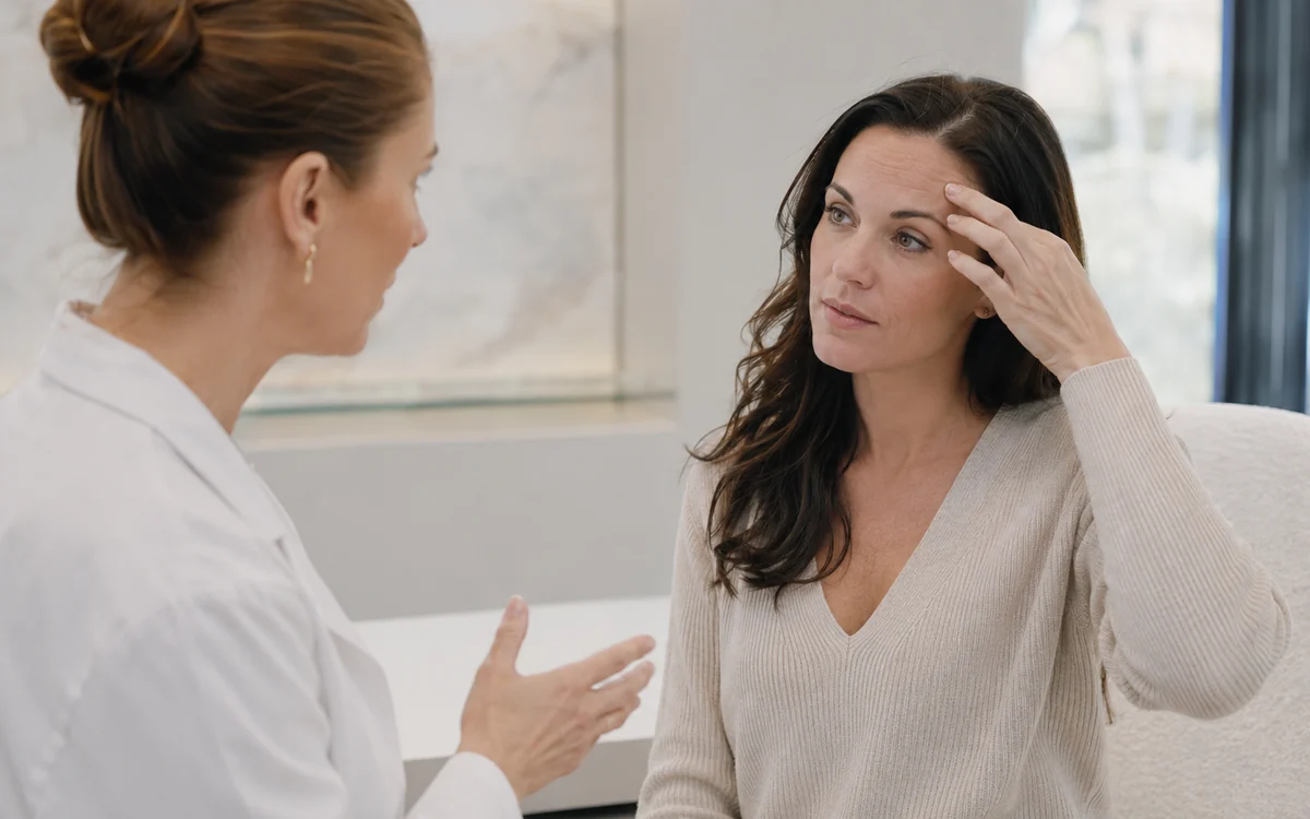 Patientin spricht in einer hellen Praxis mit einer Ärztin über ein schwer wirkendes Augenlid nach Botox