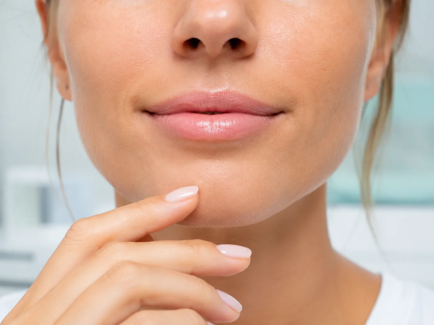 Frau beobachtet ihre Lippen nach einer Hyaluronbehandlung aufmerksam
