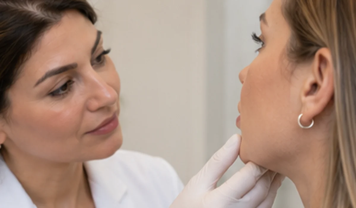 Ärztin beurteilt die Lippenkontur einer Patientin bei einer Kontrolle nach Hyaluron