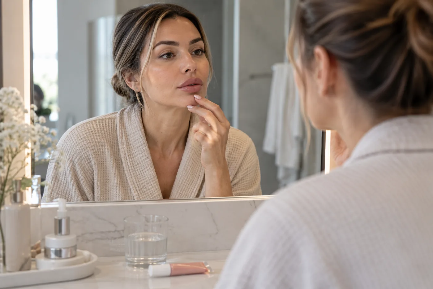 Patientin kontrolliert ihre Lippen im Spiegel nach einer ästhetischen Lippenbehandlung