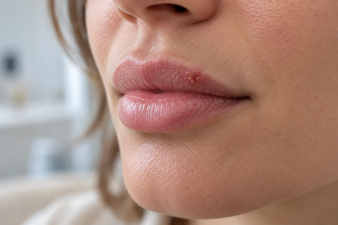 Natürliches Nahbild einer kleinen Bläschenbildung an der Oberlippe als Symbolbild für Lippenherpes