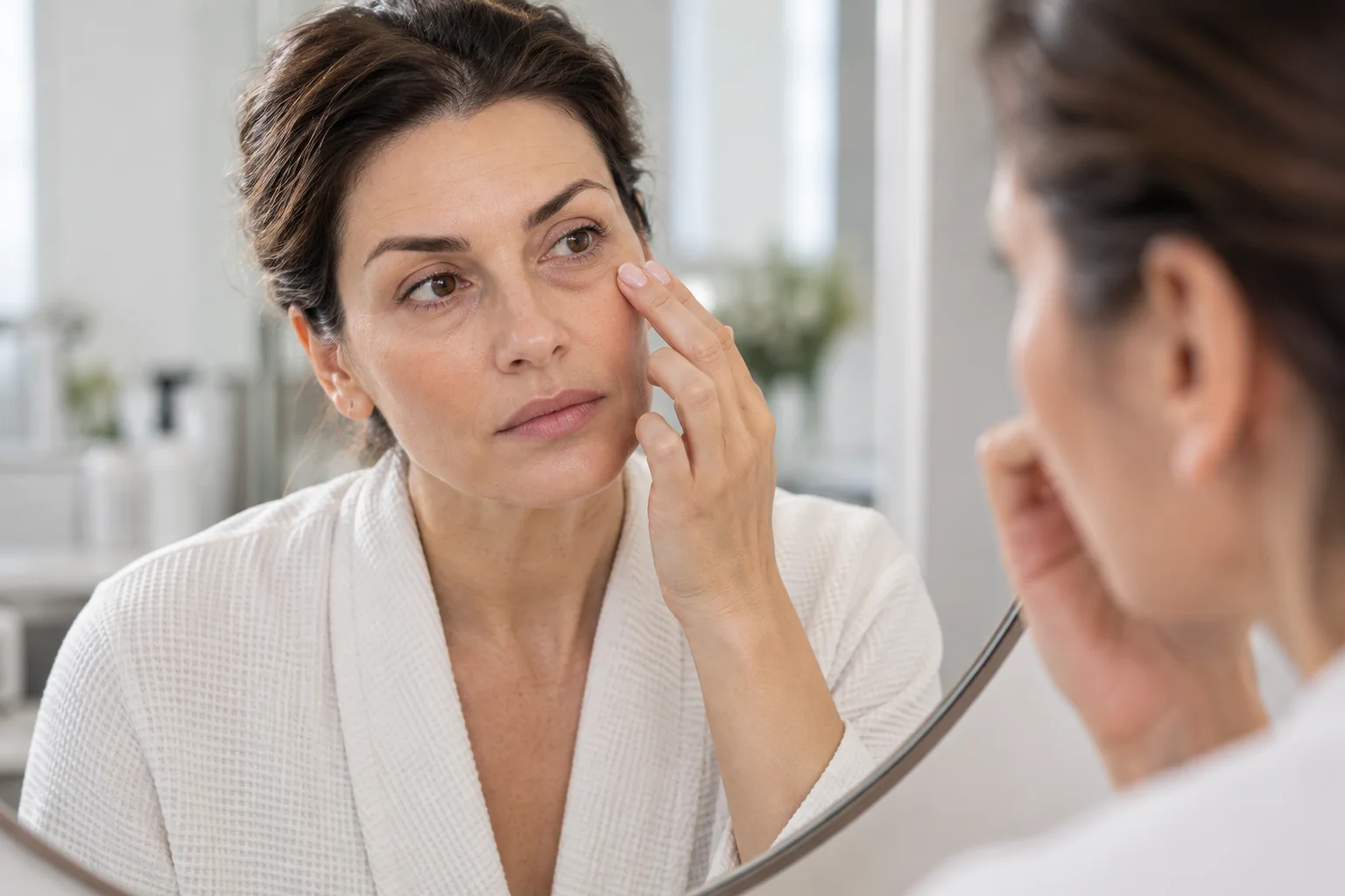 Patientin kontrolliert eine sichtbare Schwellung unter dem Auge nach früherer Hyaluronbehandlung im Spiegel